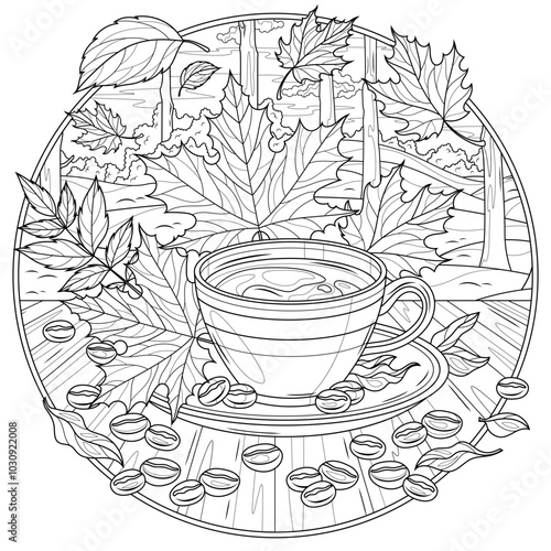 A cup of coffee and autumn leaves in a frame of twigs.Coloring book antistress for children and adults. Illustration isolated on white background.