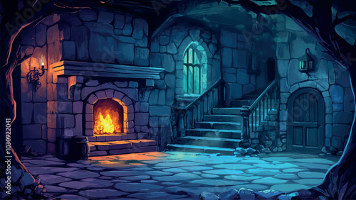 Mysterious Basement Haunted by Old Vampire Cartoon Background Illustration Featuring Spooky Scene Dark Atmosphere Creepy Details and Eerie Vibes