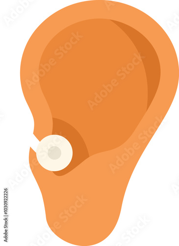 Human ear with earring listening sound wave vibrations on white background