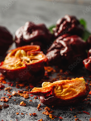 Variety of Spicy Peppers Including Aji Limo, Habanero, and Carolina Reaper on a Vibrant Background