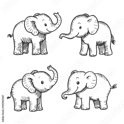 Four Hand Drawn Elephants with Smiling Faces and Upraised Trunks