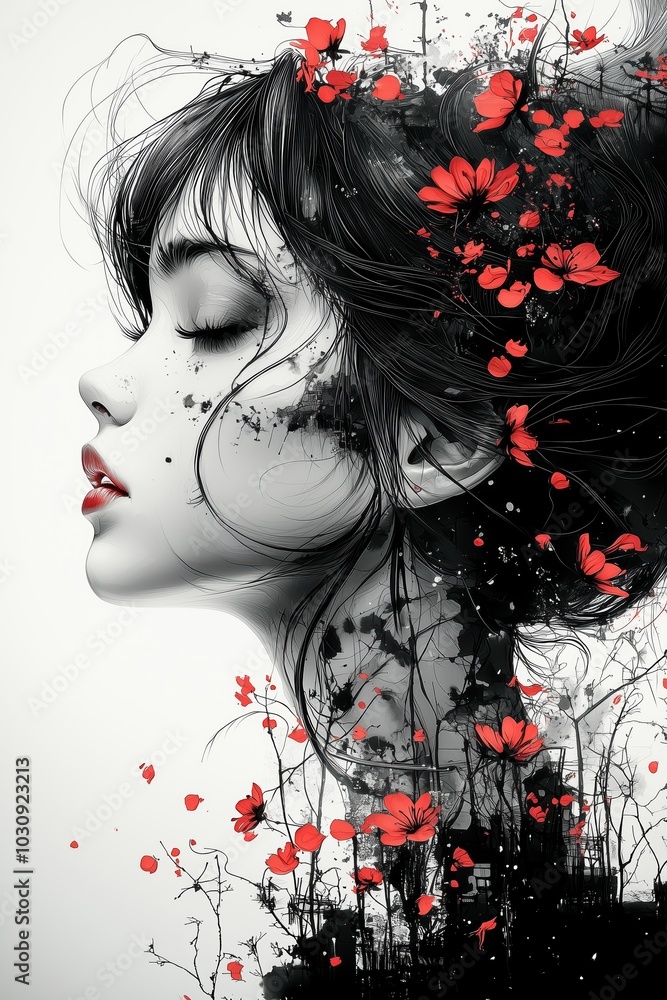 Fototapeta premium Surreal Profile of a Woman with Flowing Black Hair and Vibrant Red Flowers in an Elegant and Dreamlike Composition