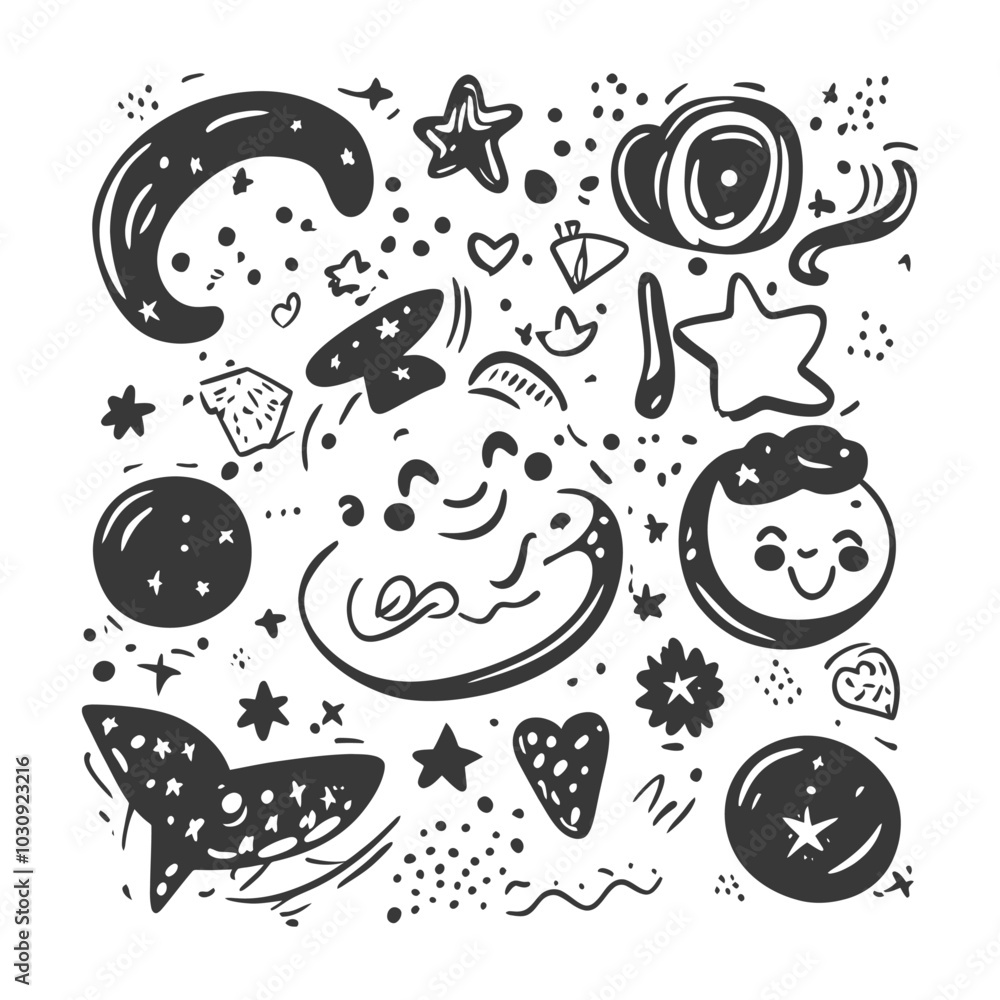 Hand Drawn Abstract Design with Stars Moons and Geometric Shapes Hand Drawn Abstract Design with Stars Moons and Geometric Shapes