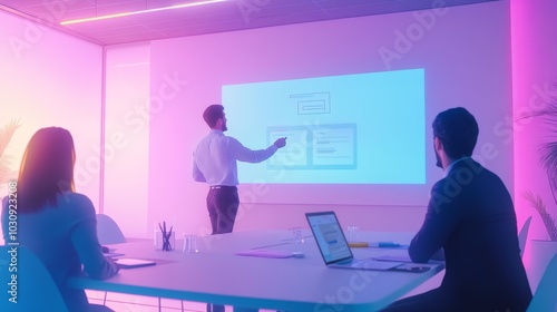  A meeting room in a soft white, blue, and light purple hue, featuring a male who is standing up and showing the process of strategic labeling within a content hierarchy on a whiteboard. 