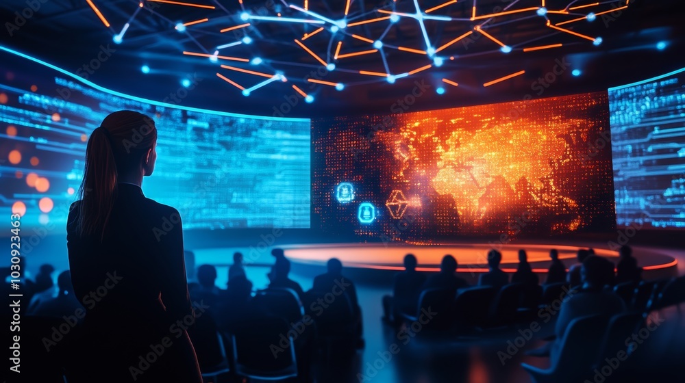 High tech futuristic event office with hologram technology and smart features High tech futuristic event office with hologram technology and smart features