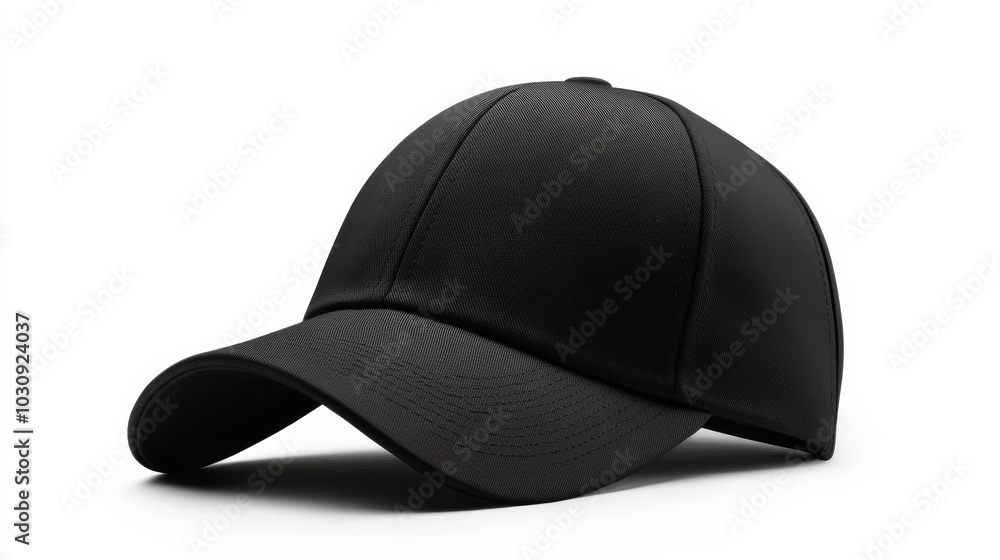 Fototapeta premium Classic black baseball cap is lying on a white background, casting a subtle shadow. The image evokes a sense of simplicity and style, perfect for showcasing branding or design