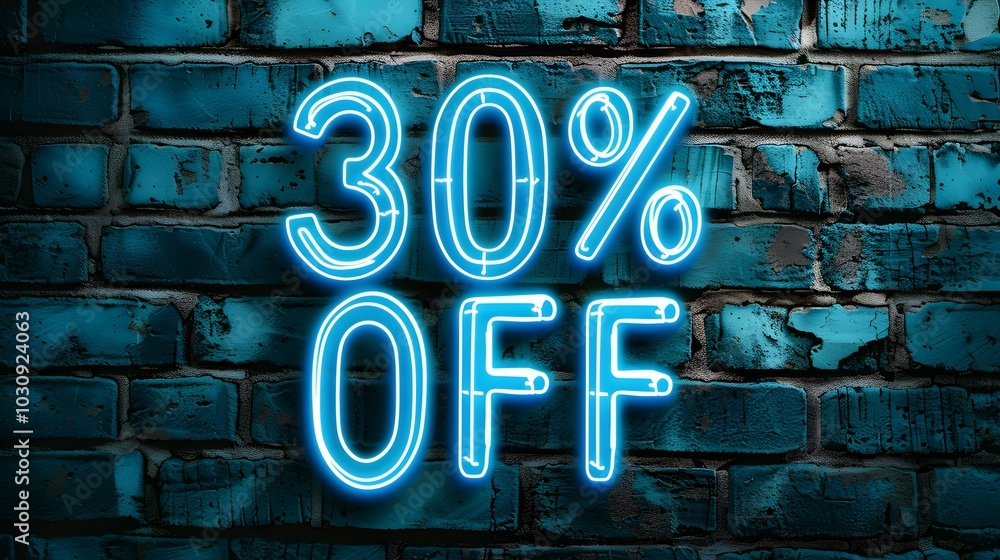 Light Blue Neon '30% OFF' Sign on a Brick Wall Light Blue Neon '30% OFF' Sign on a Brick Wall