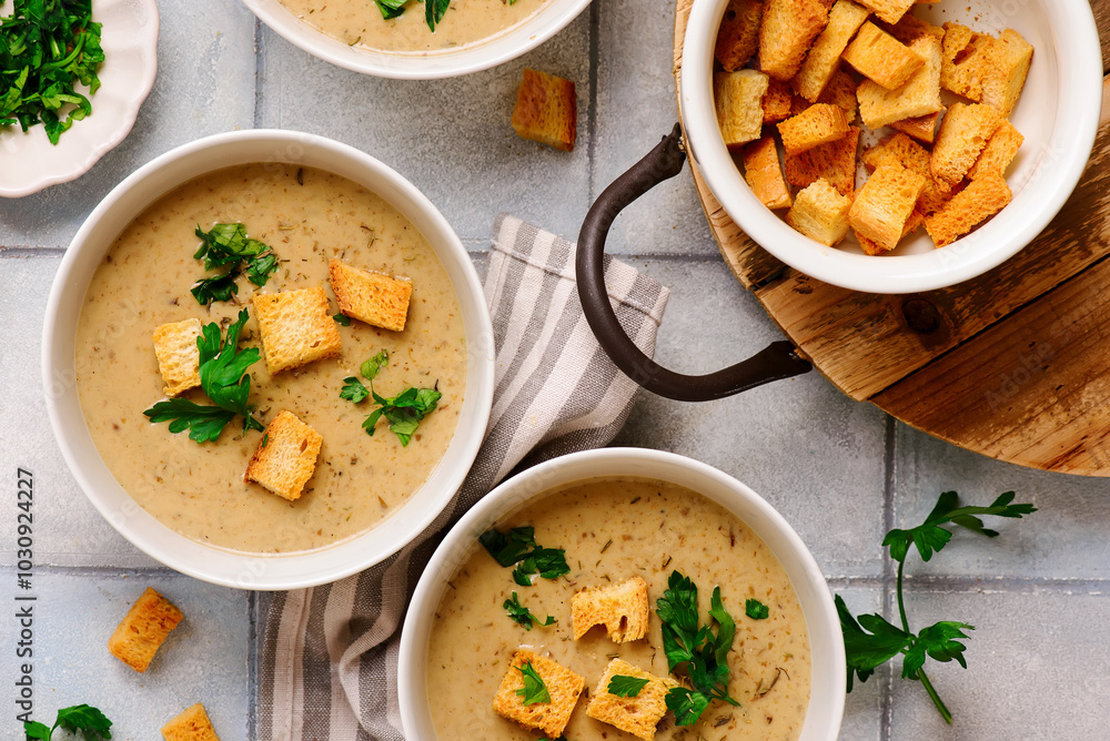 Cream of forest mushroom soup with croutons in a bowl. top veiw Cream of forest mushroom soup with croutons in a bowl. top veiw
