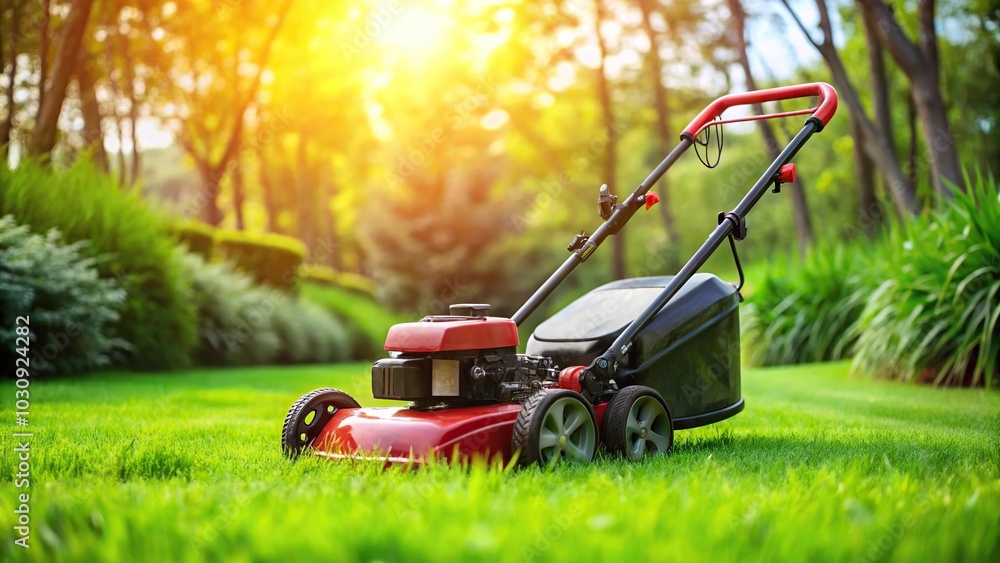Low angle view of a red and black lawnmower cutting grass Low angle view of a red and black lawnmower cutting grass