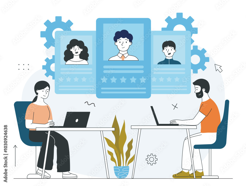 People analyzing candidates. Man and woman near list of employees. Headhunting and recruitment. HR managers analyze candidates for vacancies. Linear vector illustration People analyzing candidates. Man and woman near list of employees. Headhunting and recruitment. HR managers analyze candidates for vacancies. Linear vector illustration