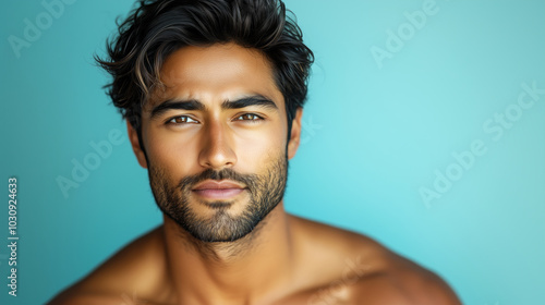 Confident young man with striking features against a blue backdrop