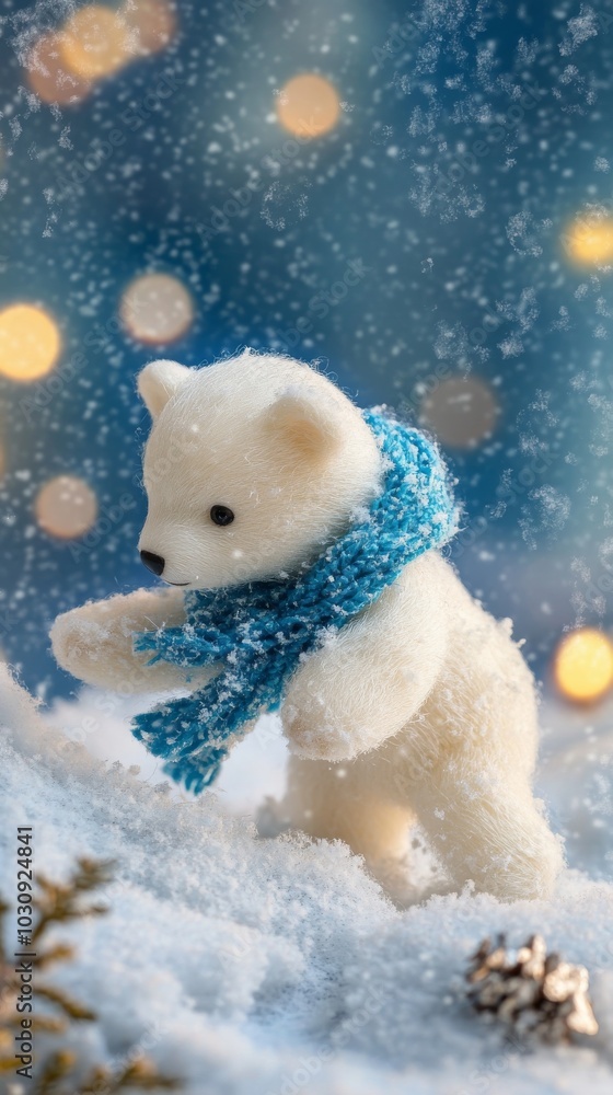 Cute white teddy bear with a blue scarf walks joyfully in the snow among christmas lights, capturing the festive holiday spirit. Perfect for cards or banners, radiating winter celebration fun Cute white teddy bear with a blue scarf walks joyfully in the snow among christmas lights, capturing the festive holiday spirit. Perfect for cards or banners, radiating winter celebration fun