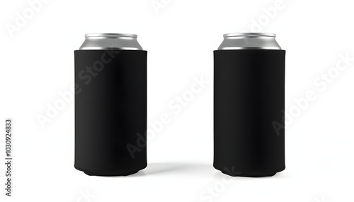 Blank black collapsible beer can koozie mockup isolated, 3d rendering. Empty neoprene cooler holder mock up for tin beverage. Plain drinkware hugger design template. Clear fizzy pop soda sleeve isol