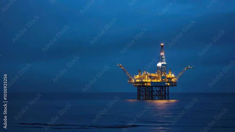 Illuminated Offshore Oil Rig Platform at Night: A Deepmind Static Shot of Ocean Energy, Industry, and Resource Extraction Illuminated Offshore Oil Rig Platform at Night: A Deepmind Static Shot of Ocean Energy, Industry, and Resource Extraction