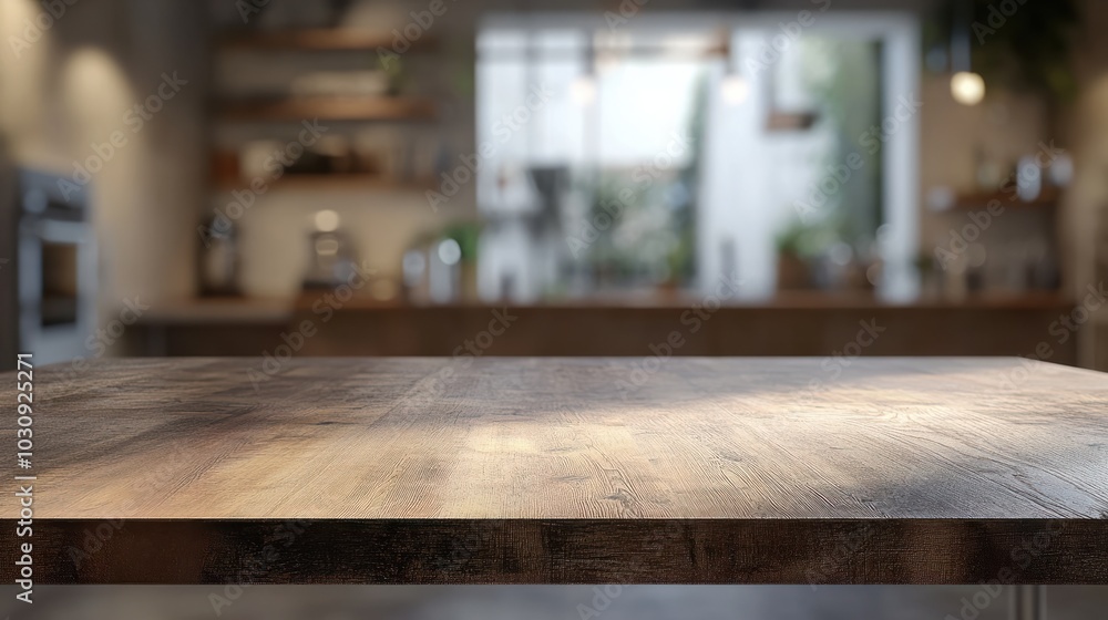 Empty tabletop over defocused kitchen with copy space Empty tabletop over defocused kitchen with copy space