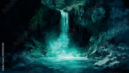 Mystical Cave with Strange Turquoise Liquid Pouring from Above Watercolor Background Illustration Featuring Enigmatic Scene Unique Rock Formations and Magical Atmosphere