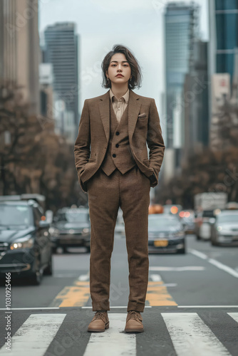 Young businesswoman standing on crosswalk in city