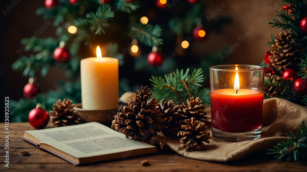 Christmas tree branch, pine cone, candles and festive balls, background card Christmas tree branch, pine cone, candles and festive balls, background card
