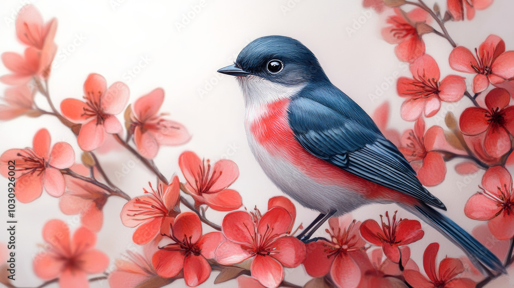 Beautiful Bird and Flowers on an Isolated White Background