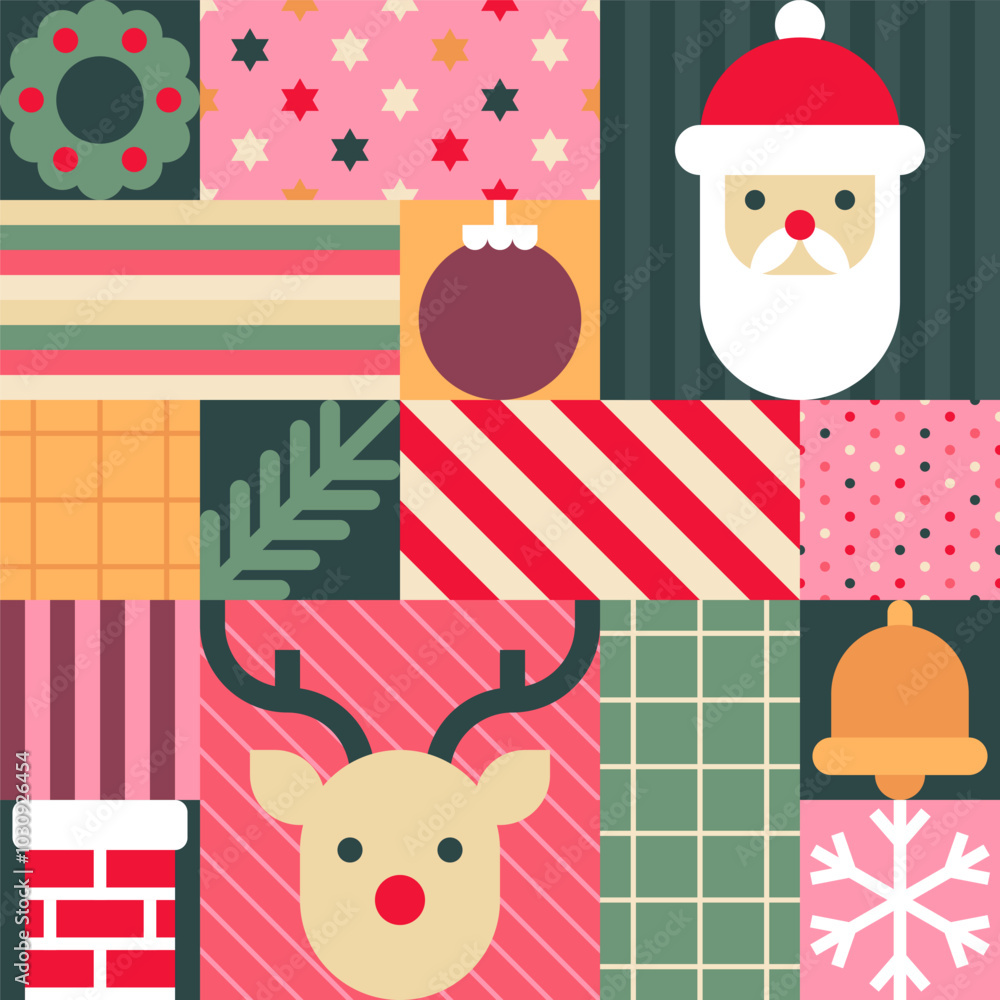 Festive Christmas Icons Pattern with Santa, Reindeer, and Wreath Festive Christmas Icons Pattern with Santa, Reindeer, and Wreath