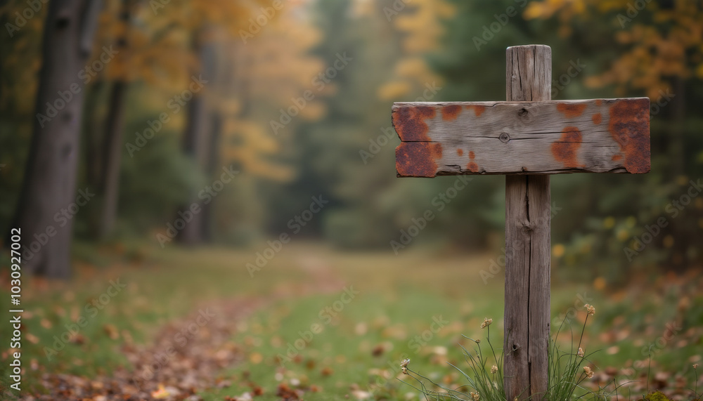 an empty sign board on the background of a forest, made of wood, old and weathered plaque an empty sign board on the background of a forest, made of wood, old and weathered plaque