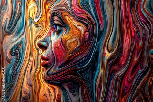 Abstract Portrait of a Woman with Wavy Lines and Vivid Colors