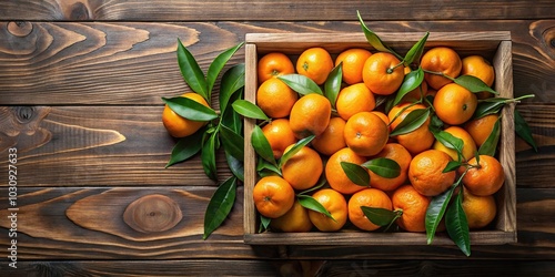 Mandarins citrus reticulata with green leaves in a wooden box aerial view photo