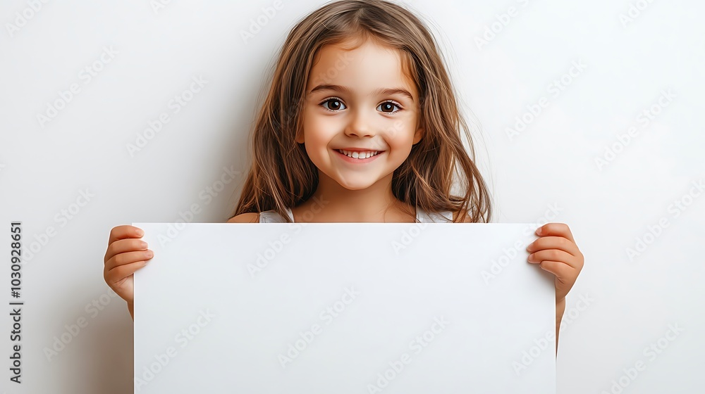 A smiling little girl holds a blank white sign in front of her. A smiling little girl holds a blank white sign in front of her.