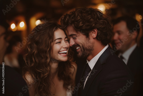 Happy newly married couple laughing during wedding reception