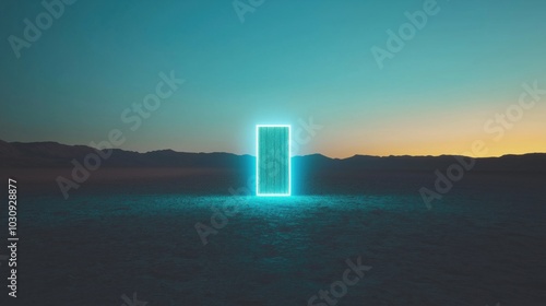 A faintly glowing door stands alone in a vast desert landscape at sunset.