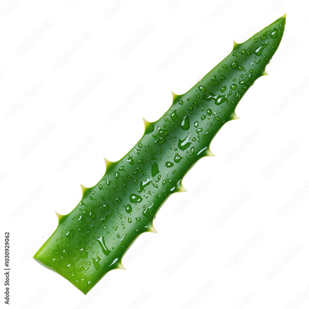 Fresh aloe vera leaf with droplets, vibrant green, isolated on a clean background. Fresh aloe vera leaf with droplets, vibrant green, isolated on a clean background.