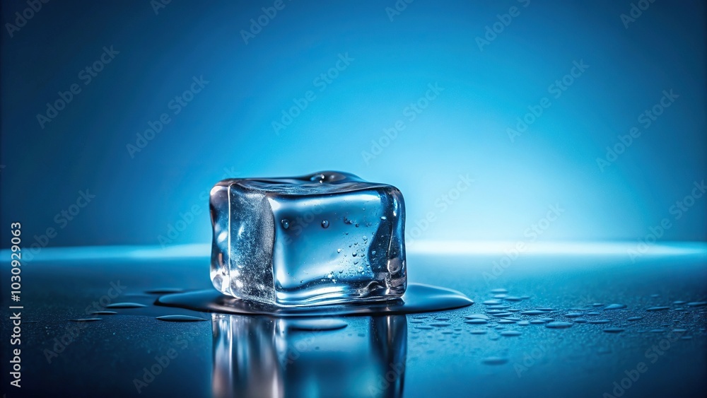 Minimalist chilled essence single ice cube melting on a blue surface Minimalist chilled essence single ice cube melting on a blue surface
