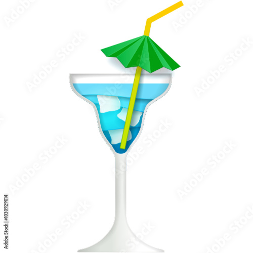 Blue curacao cocktail vector. Lagoon soda ice drink icon. Cold alcohol lemonade with umbrella straw decoration isolated. Summer tropical beverage illustration isolated on white background