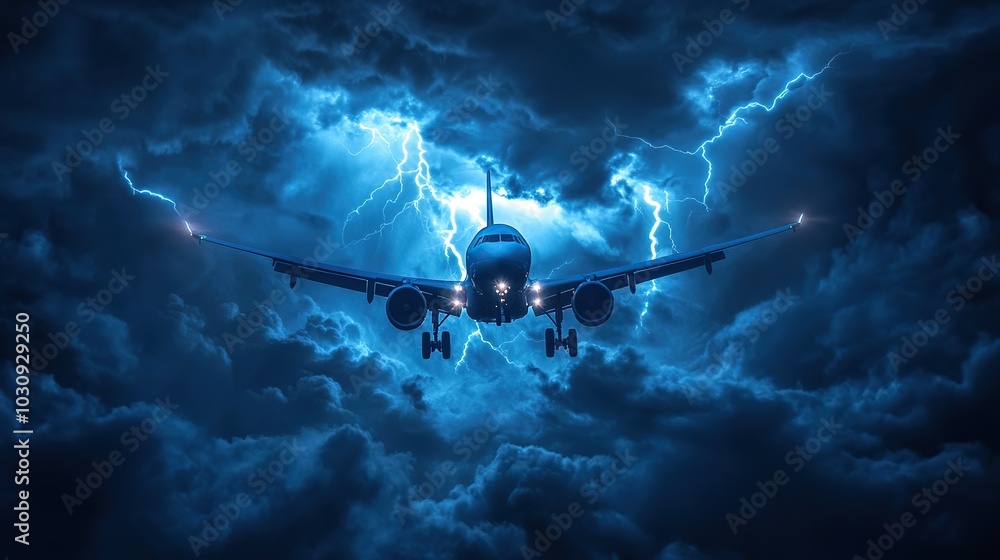 Fototapeta premium Plane flies amidst large dark storm clouds carrying lightning