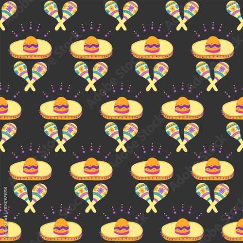 Mexican style seamless pattern for Dia de los Muertos holiday. Decorated maracas with sombrero on black background. Vector illustration for textile, wallpaper