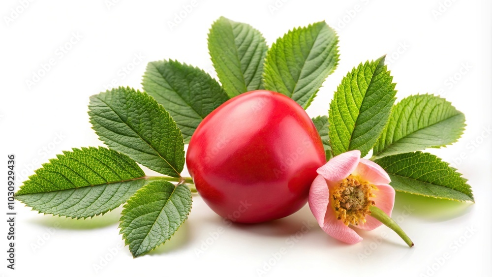 Low angle view of a rosehip flower with a leaf on a white background Low angle view of a rosehip flower with a leaf on a white background