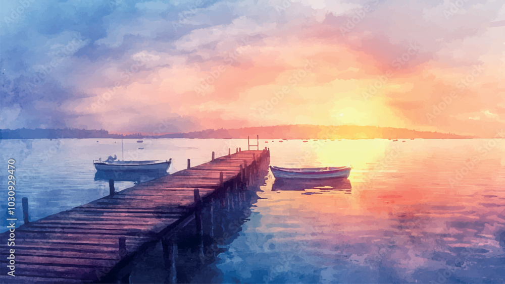 Obraz premium Pier with Boats on Lake Against Background of Sunrise Watercolor Background Illustration Featuring Tranquil Water Reflections Scenic Landscape Early Morning Serenity