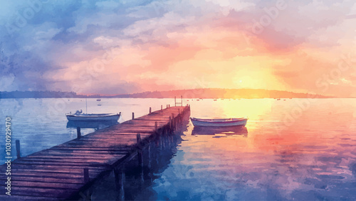 Pier with Boats on Lake Against Background of Sunrise Watercolor Background Illustration Featuring Tranquil Water Reflections Scenic Landscape Early Morning Serenity
