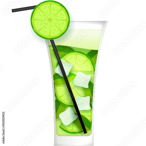 Mojito cocktail vector. Mint ice drink illustration. Summer alcohol beverage with lime and straw decoration isolated icon. Mohito lemonade on white background