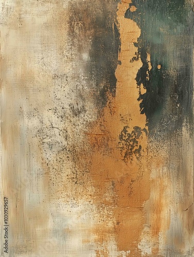 A textured abstract painting with broad, sweeping brushstrokes in earthy tones of burnt sienna, ochre, and deep green, accented with metallic gold highlights.
