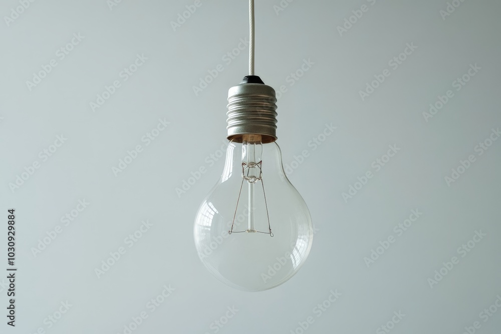 Close-up of a Single Hanging Light Bulb in Minimalistic Setting with Grey Background Close-up of a Single Hanging Light Bulb in Minimalistic Setting with Grey Background