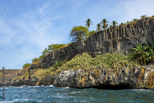 Ribeira da Barca, Pilon of Achada Leite, Aguas Belas Lagoon, Santiago Island, Cape Verde big rock in the sea photo