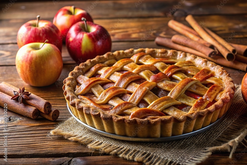 Low angle view of apple pie with cinnamon and apple slices on rustic wooden background Low angle view of apple pie with cinnamon and apple slices on rustic wooden background