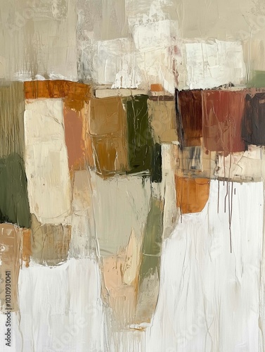 A textured abstract painting with broad, sweeping brushstrokes in earthy tones of burnt sienna, ochre, and deep green, accented with metallic gold highlights.

