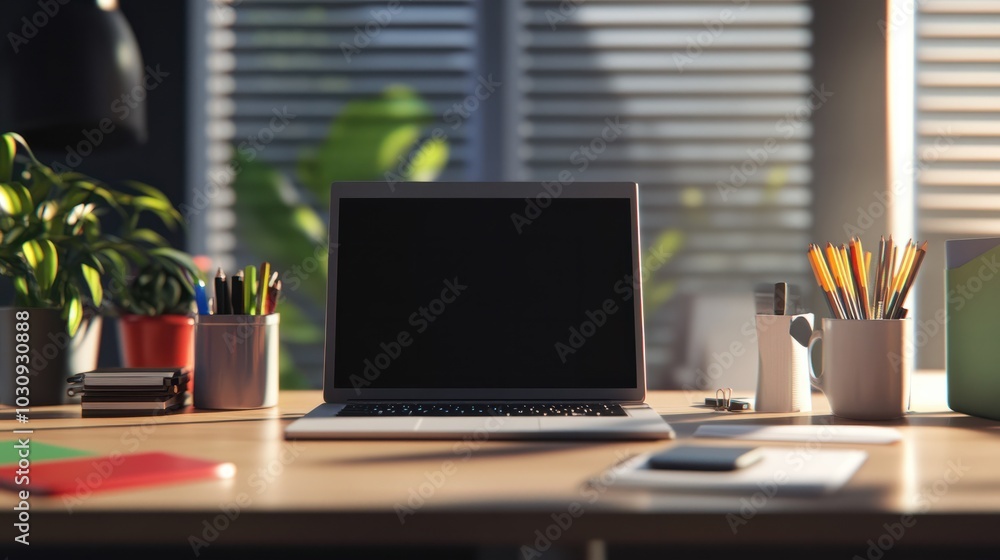 Fototapeta premium Modern workplace with laptop computer, coffee cup and office supplies