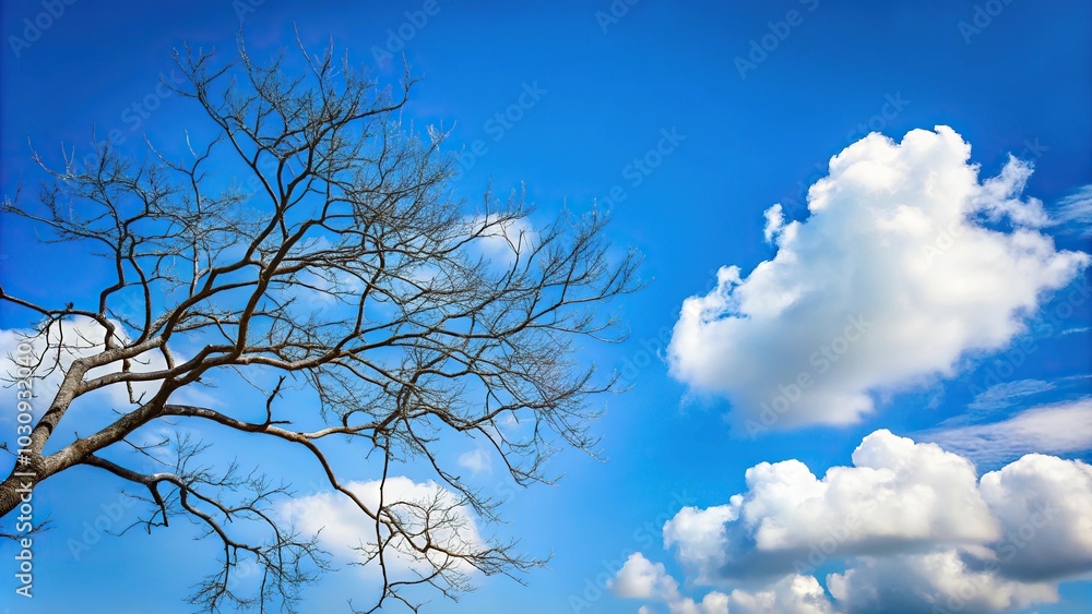Minimalist tree without leaves on blue sky and white cloud background Minimalist tree without leaves on blue sky and white cloud background