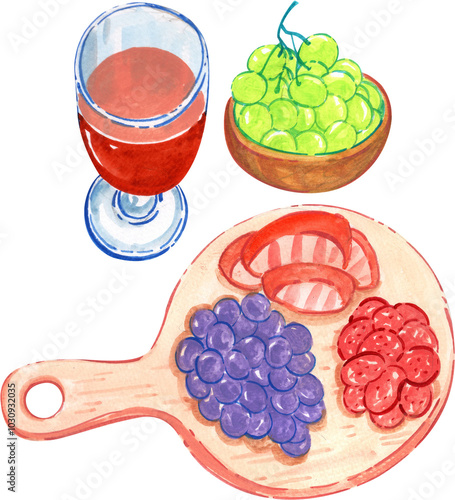 Fruits and drinks for a picnic , watercolor painting hand-drawn illustration