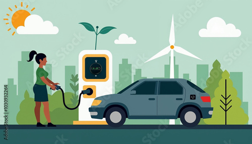 A Black female plugging in an electric car at a public charging station, surrounded by green energy symbols and a wind farm, under a cloudy sky