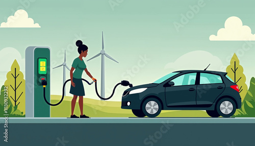 A Black female plugging in an electric car at a public charging station, surrounded by green energy symbols and a wind farm, under a cloudy sky