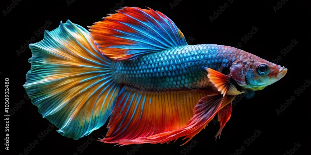 Fototapeta premium Stunning Thailand Betta Fish in Vibrant Colors Against a Black Background